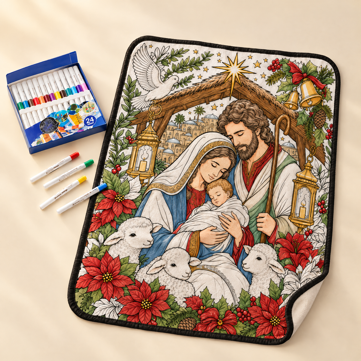 Holy Night coloring blanket with 24 markers
